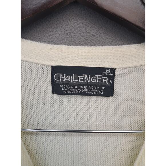 Vintage 70s Challenger Cardigan Sweater Ivory Turtle Logo Acrylic Grandpa M - Picture 2 of 6